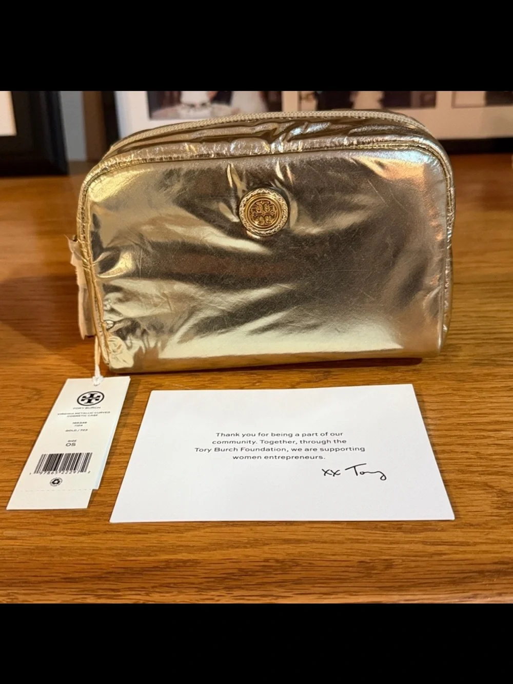 NWT! Tory Burch Metallic Pale Gold Logo Cosmetic Case